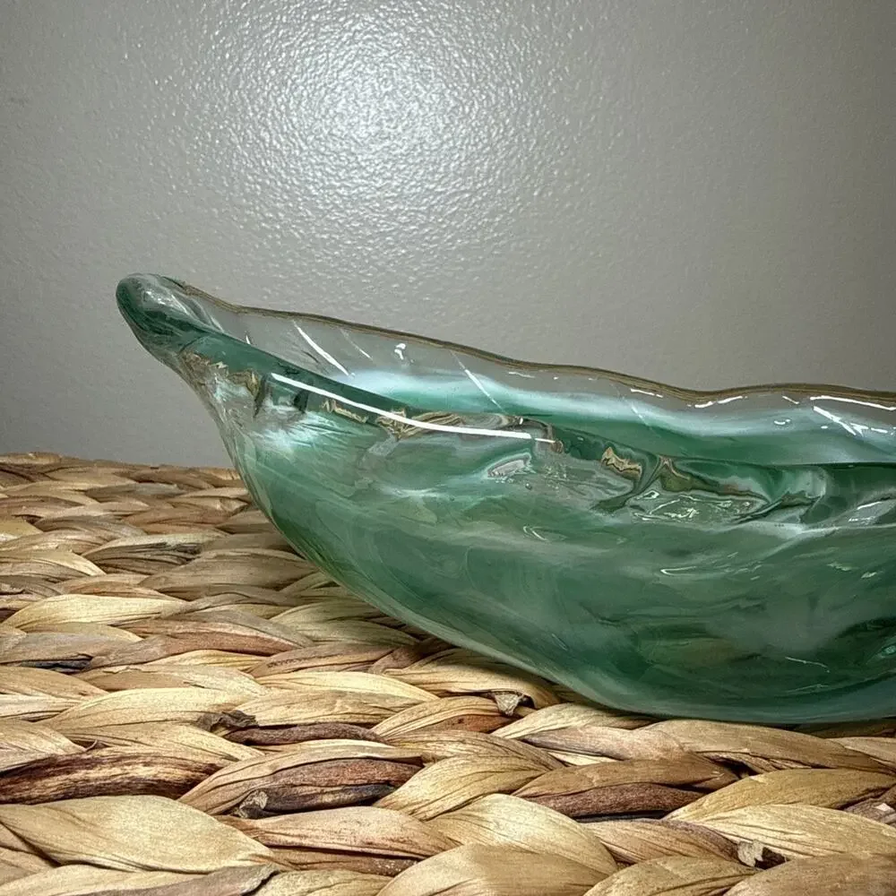 Vintage Aqua Art Glass Console Bowl Freeform Dish Vase Scroll Handle MCM 9.6”